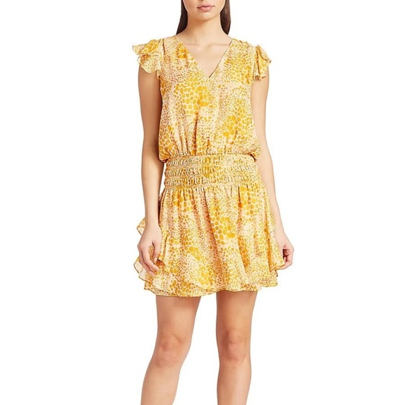 Ramy Brook Dresses & Skirts - Ramy Brook Simone Animal Print Smocked Waist Yellow Ruffle Sleeve Mini Dress